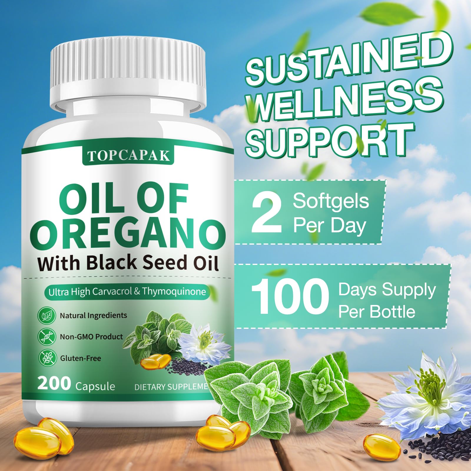 Ingredients and label graphic for TOPCAPAK Oregano Oil with Black Seed Oil