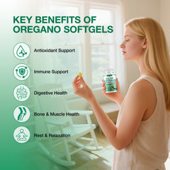 Close-up of TOPCAPAK oregano oil softgels showing 300 mg oregano oil and 200 mg black seed oil