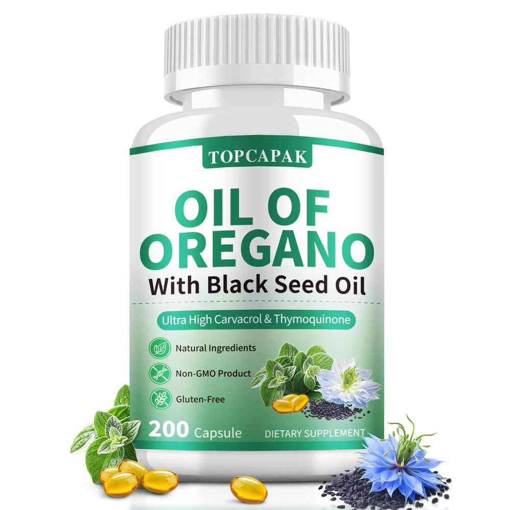 TOPCAPAK Oil of Oregano with Black Seed Oil bottle – 200 softgels
