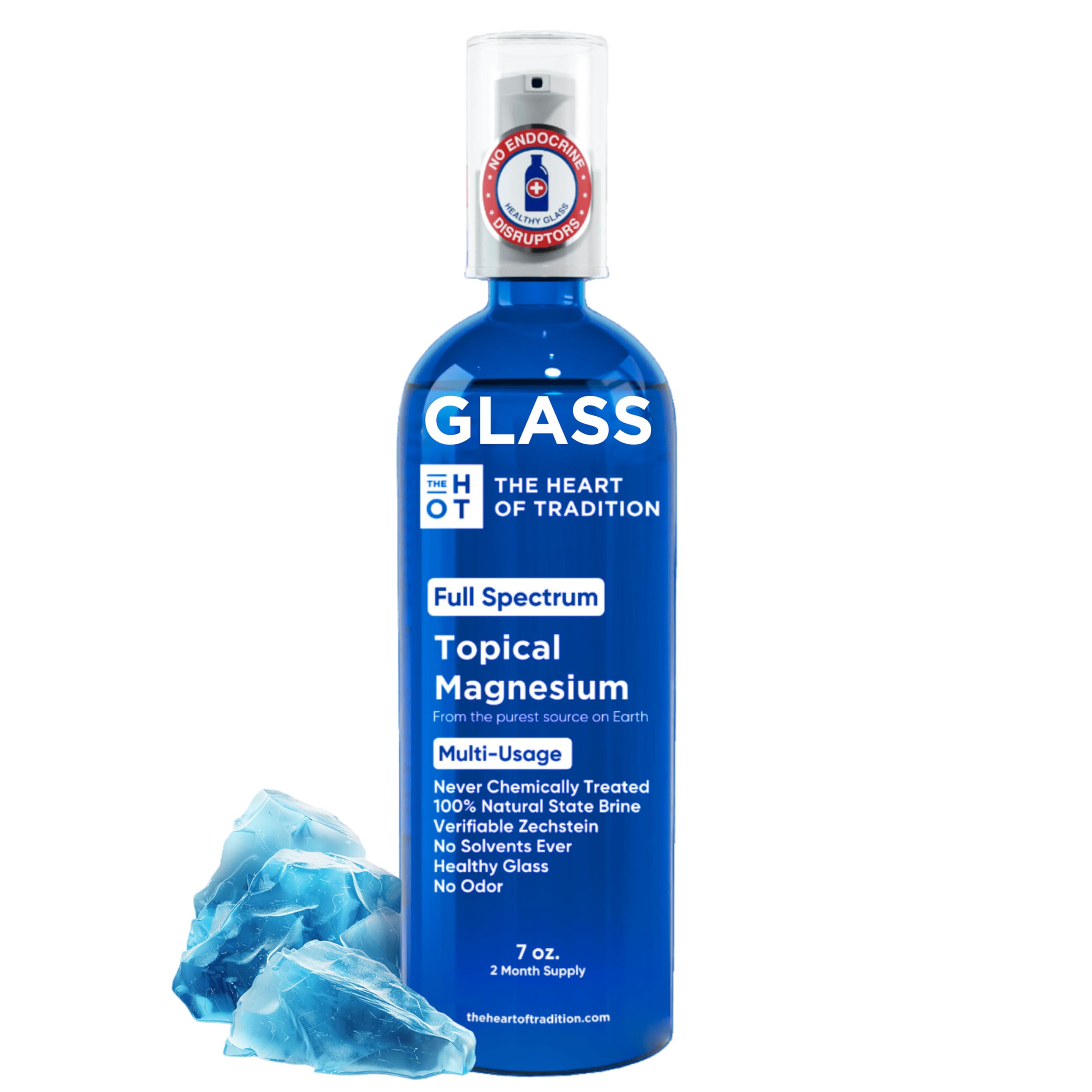 Front view of the 7 oz topical magnesium oil spray in a dark cobalt blue glass bottle