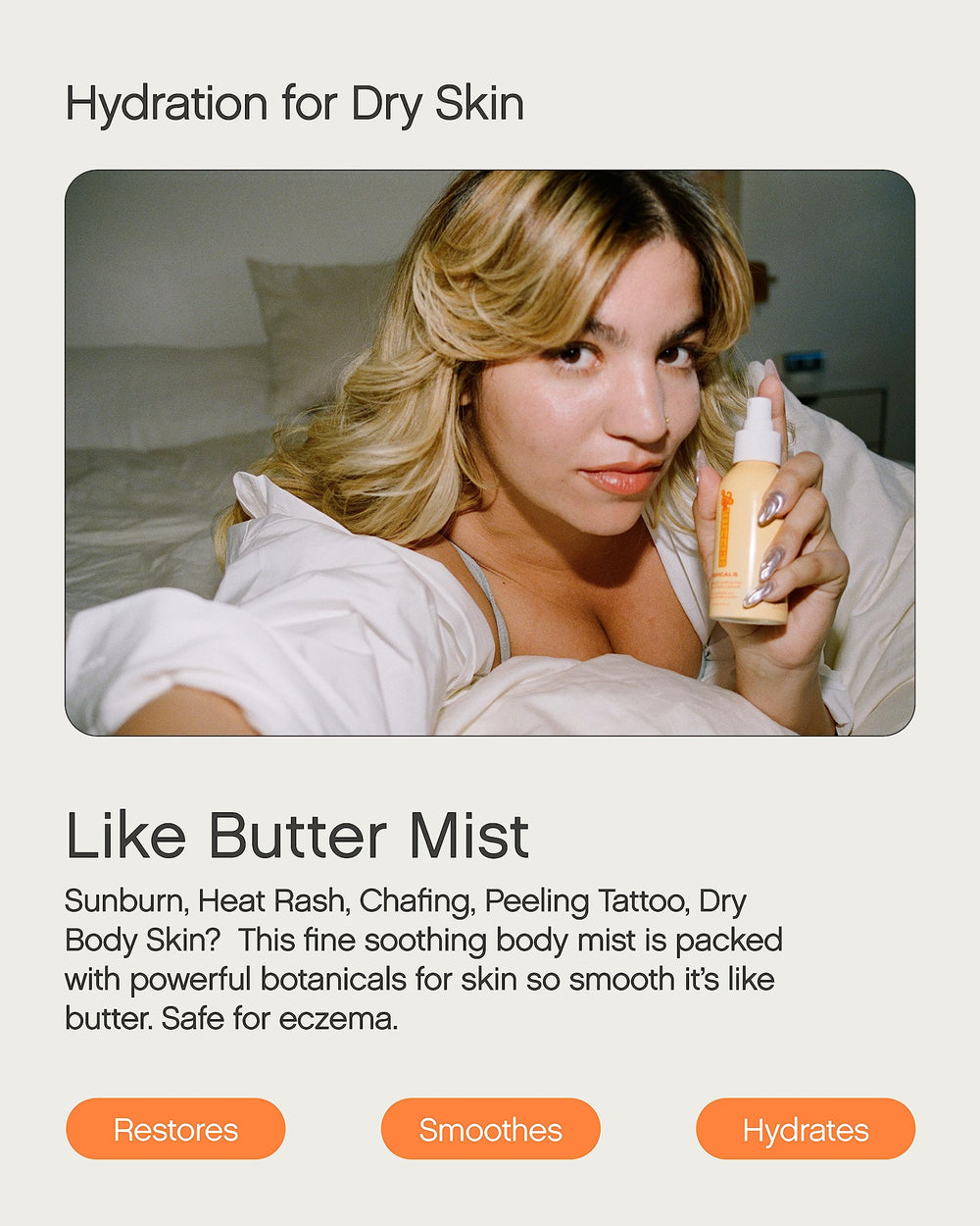 Topicals Like Butter Mist featuring green tea extract detail for soothing skin comfort.