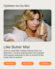 Topicals Like Butter Mist featuring green tea extract detail for soothing skin comfort.