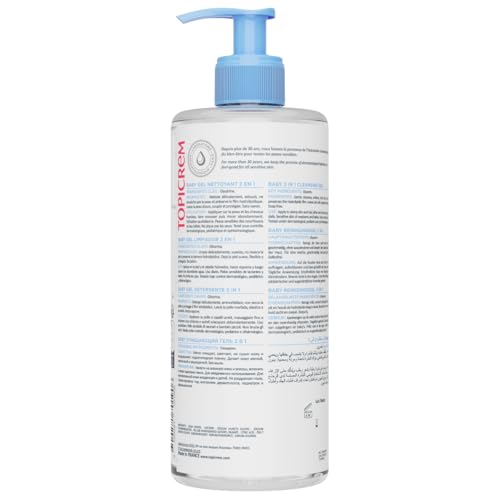 Close-up of Topicrem 2-in-1 baby cleansing gel bottle and label