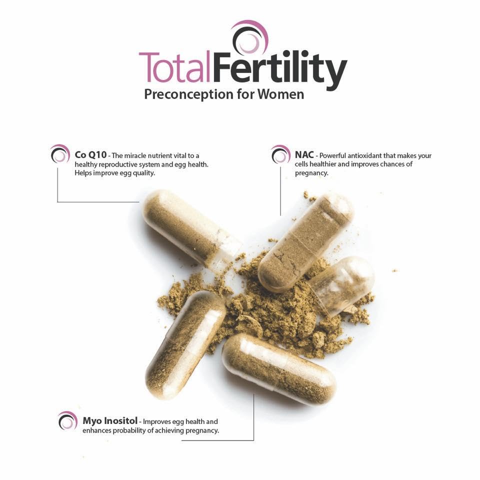 Close-up of supplement ingredients including CoQ10, PQQ, NAC and Myo-Inositol