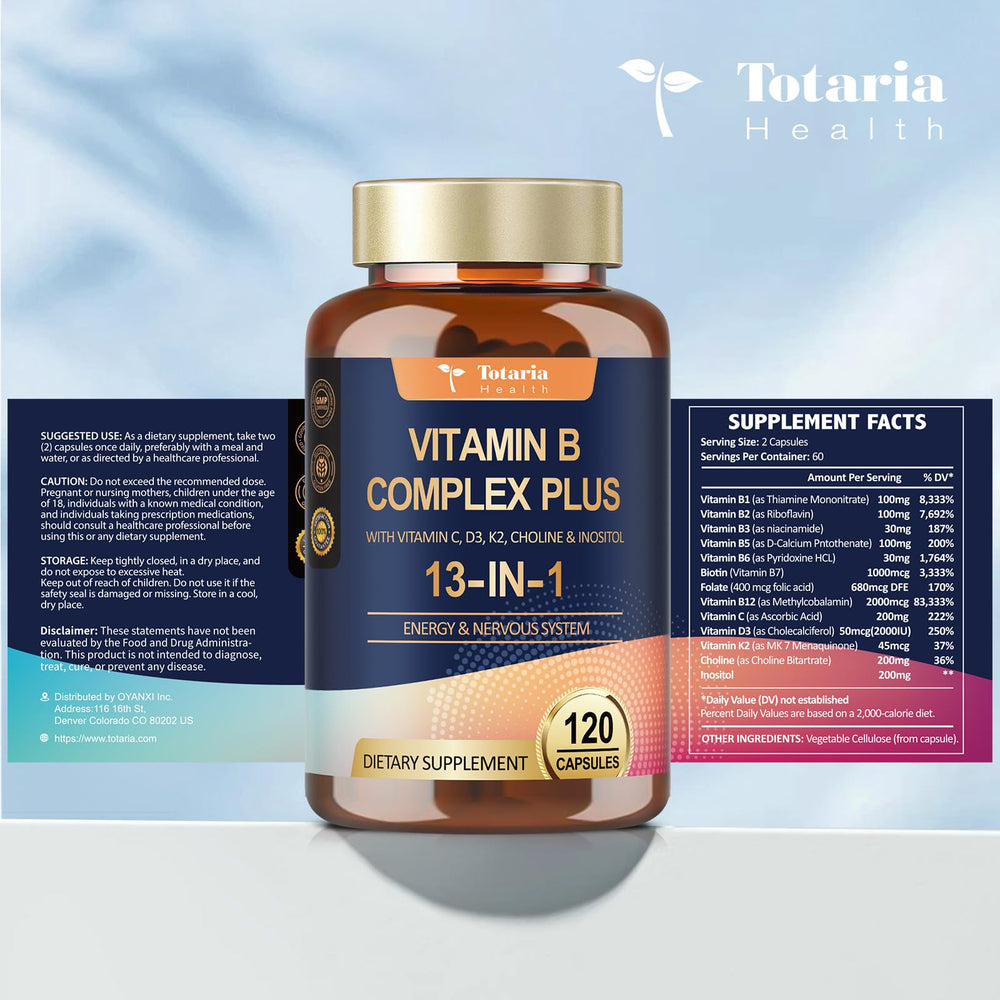 Totaria bottle label wellness emphasizes B-complex plus vitamins C, D3, K2 for wellness.