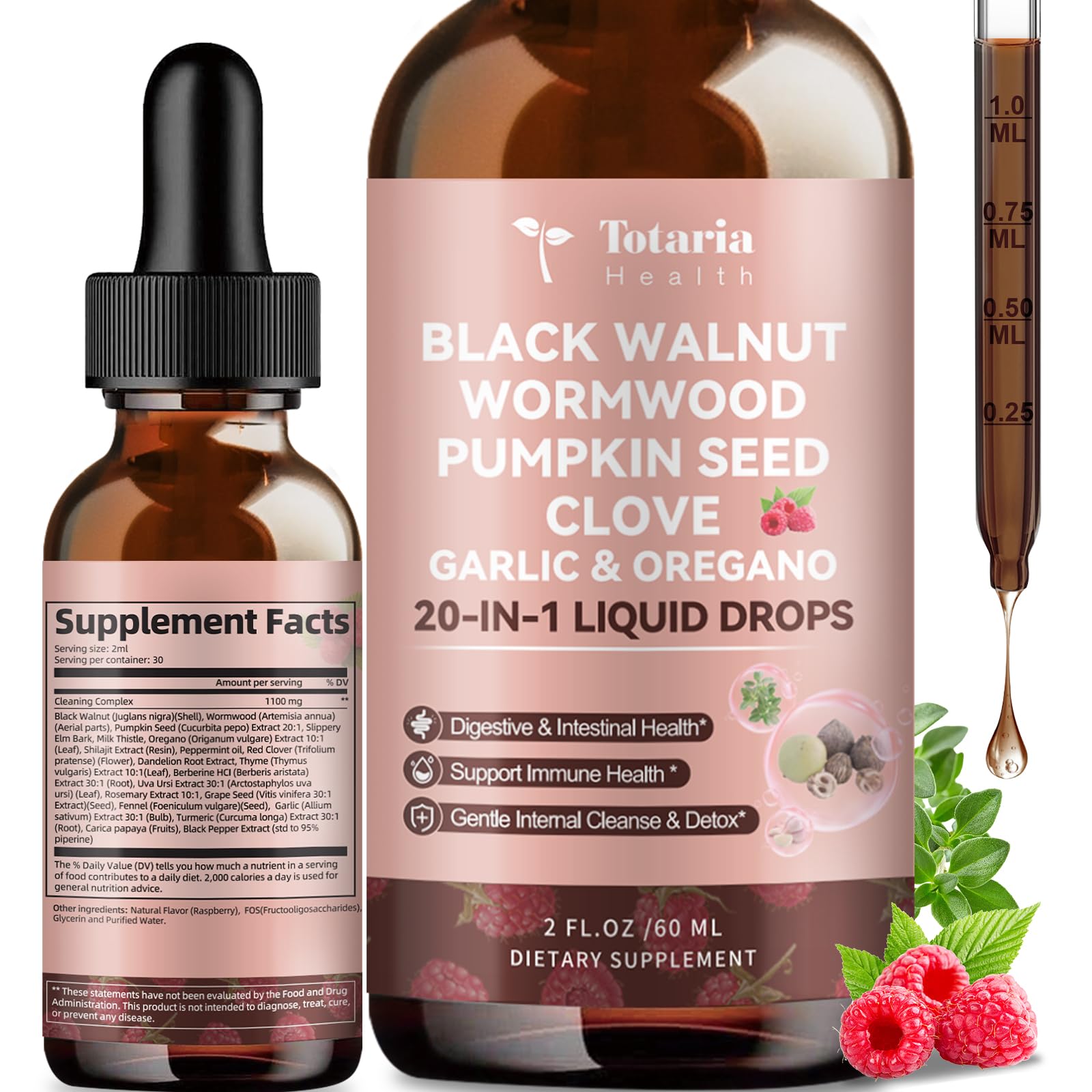 Totaria 20 in 1 Black Walnut Wormwood Tincture bottle label Raspberry Flavor 2 fl oz