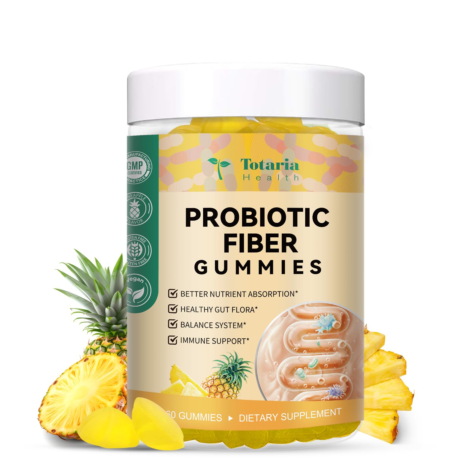 Totaria 9-in-1 Probiotic Fiber Gummies pineapple front view