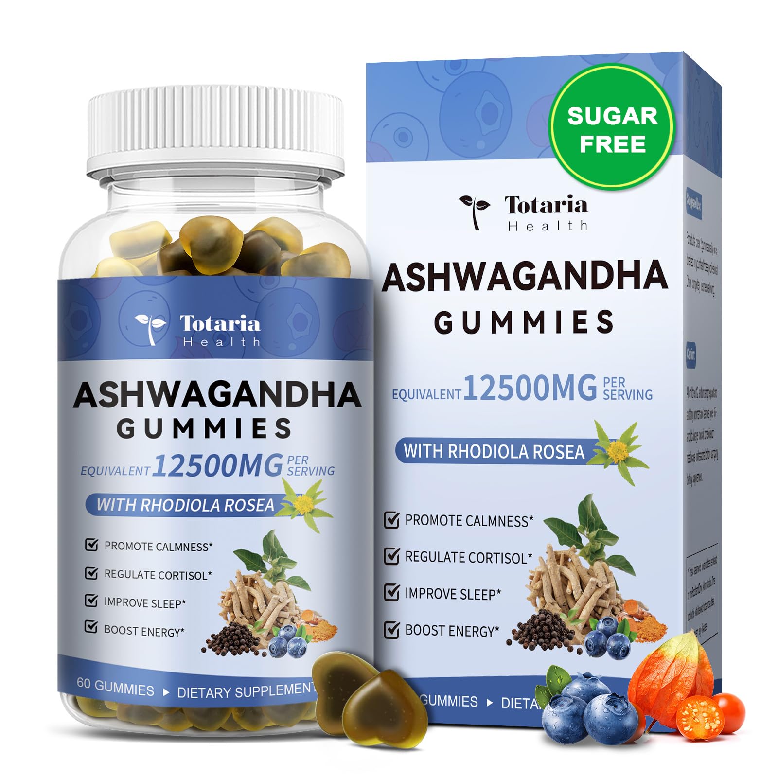 Totaria Sugar Free Ashwagandha Filled Gummies Blueberry flavor bottle close-up