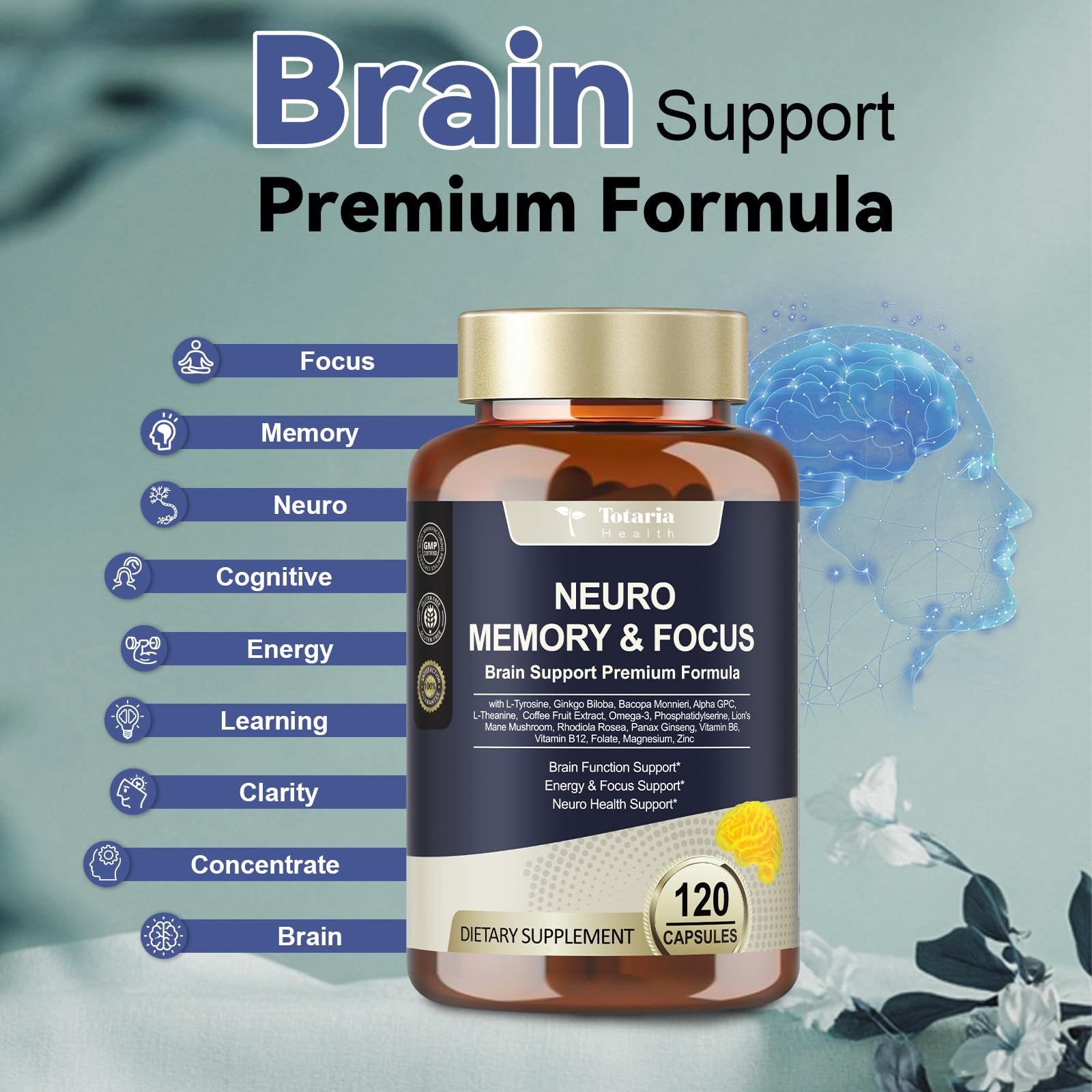 Totaria brain supplement capsules on white background