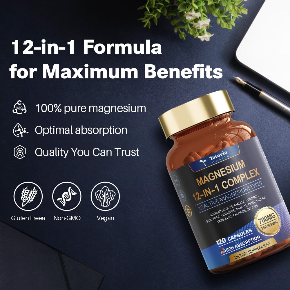 Totaria Magnesium Complex bottle with active lifestyle imagery for muscle support.
