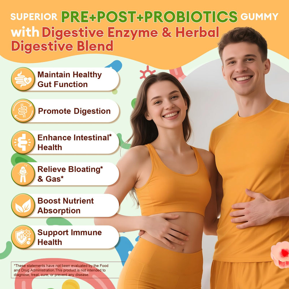 Graphic showing Prebiotics, Probiotics, Postbiotics, and Digestive Enzymes for gut support