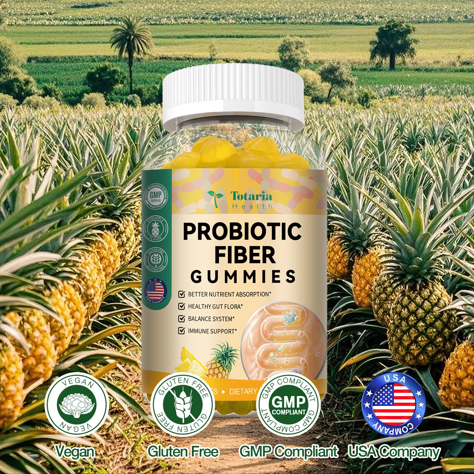 Totaria probiotic fiber gummies pineapple bite close-up