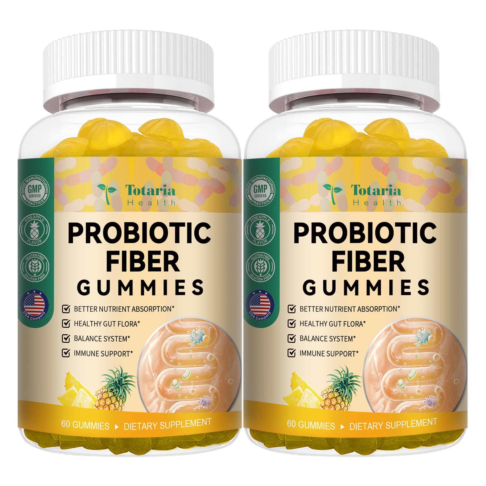 Totaria probiotic fiber gummies pineapple bottle open for daily use