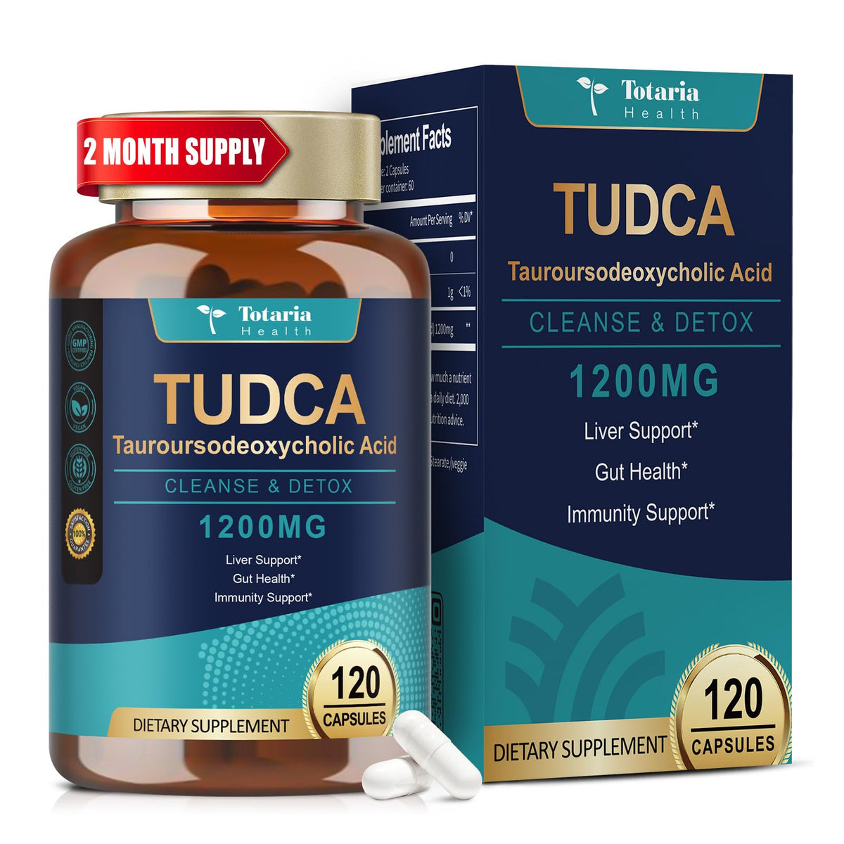 Front view of Totaria TUDCA 1200mg capsules