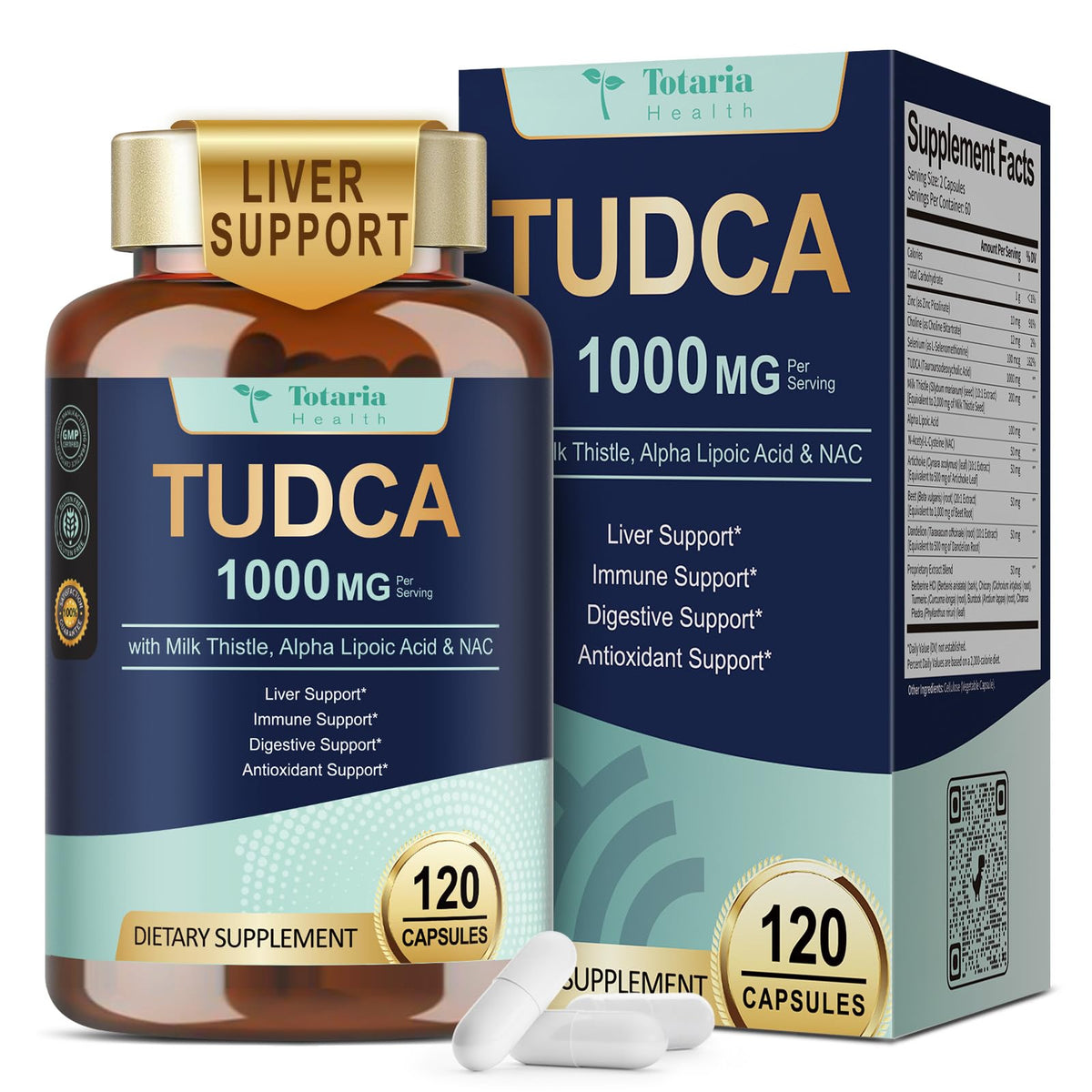 Totaria TudCA 15-in-1 Liver Support bottle with 120 vegan capsules