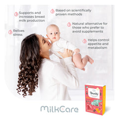 Touchi MilkCare ear seeds kit displayed with 120 stickers