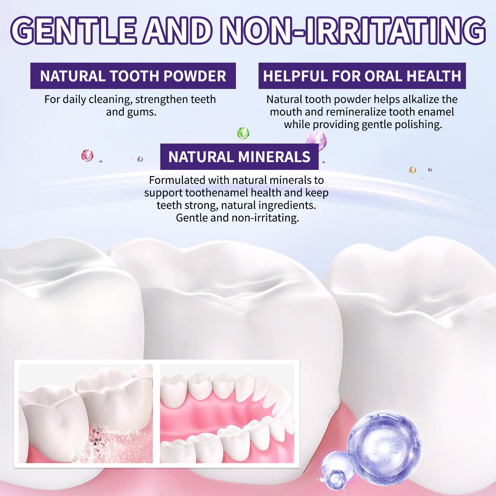 Close-up of brushed teeth after using the powder
