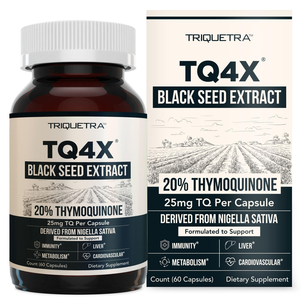 Front view of TQ-Advanced 4X 20% Thymoquinone capsules