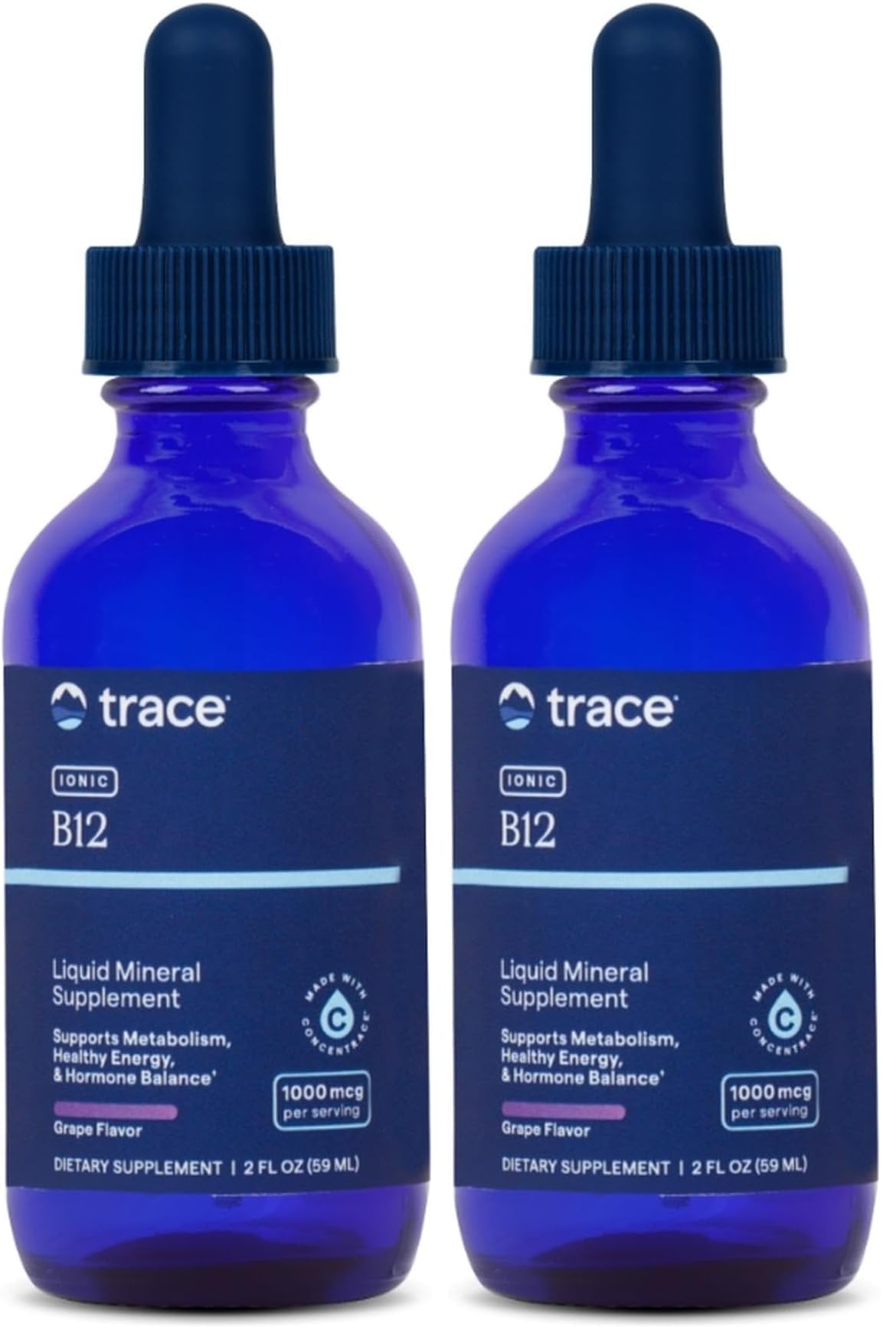 Front view of Trace Minerals Liquid Ionic Vitamin B12 bottle with 2 fl oz, pack of 2