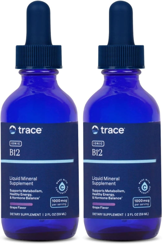 Front view of Trace Minerals Liquid Ionic Vitamin B12 bottle with 2 fl oz, pack of 2