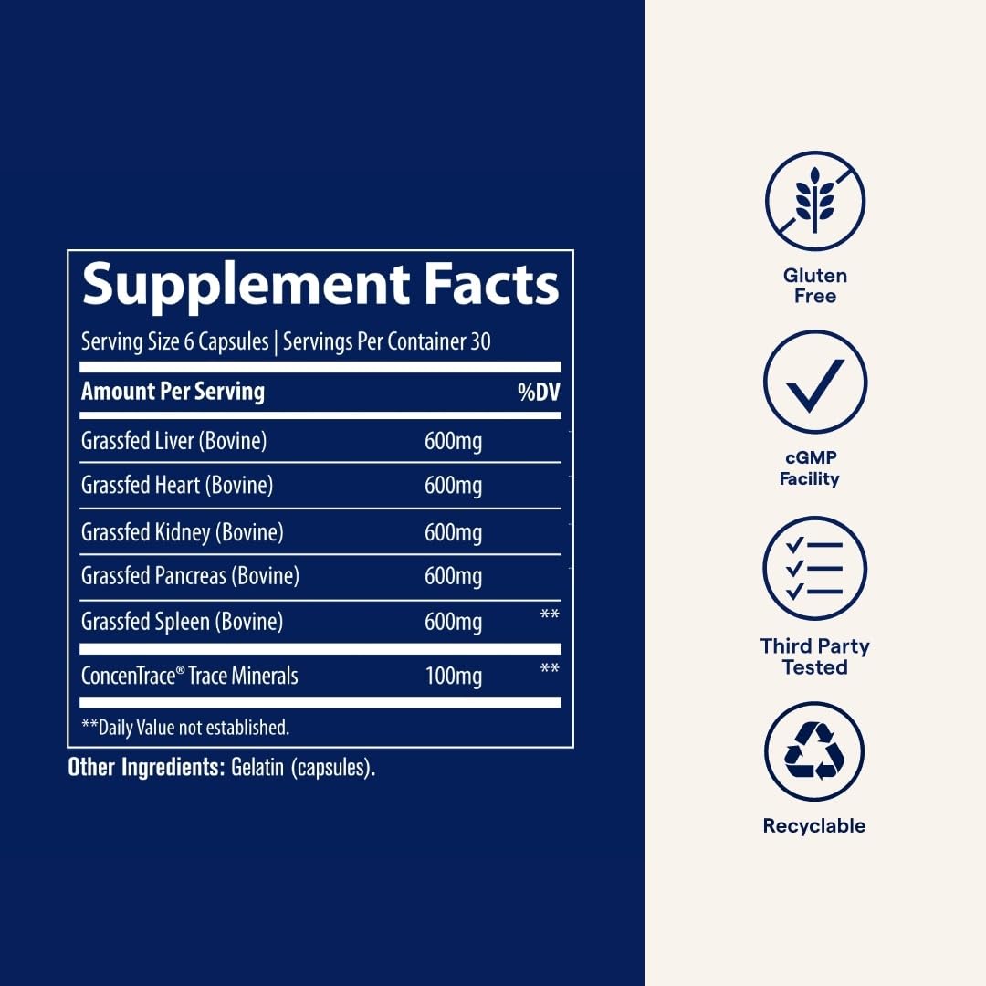 Trace Minerals Beef Organs bottle shows a 6-capsule daily serving.
