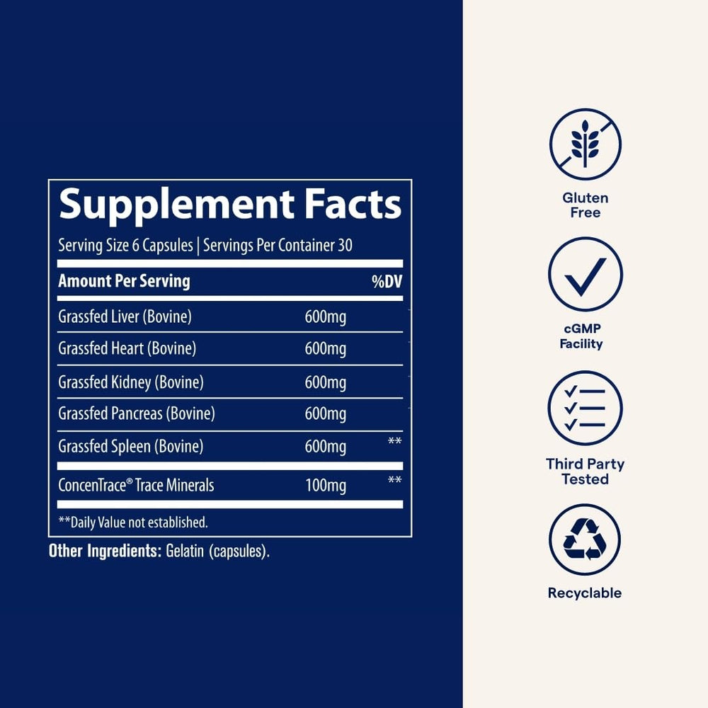 Trace Minerals Beef Organs bottle shows a 6-capsule daily serving.