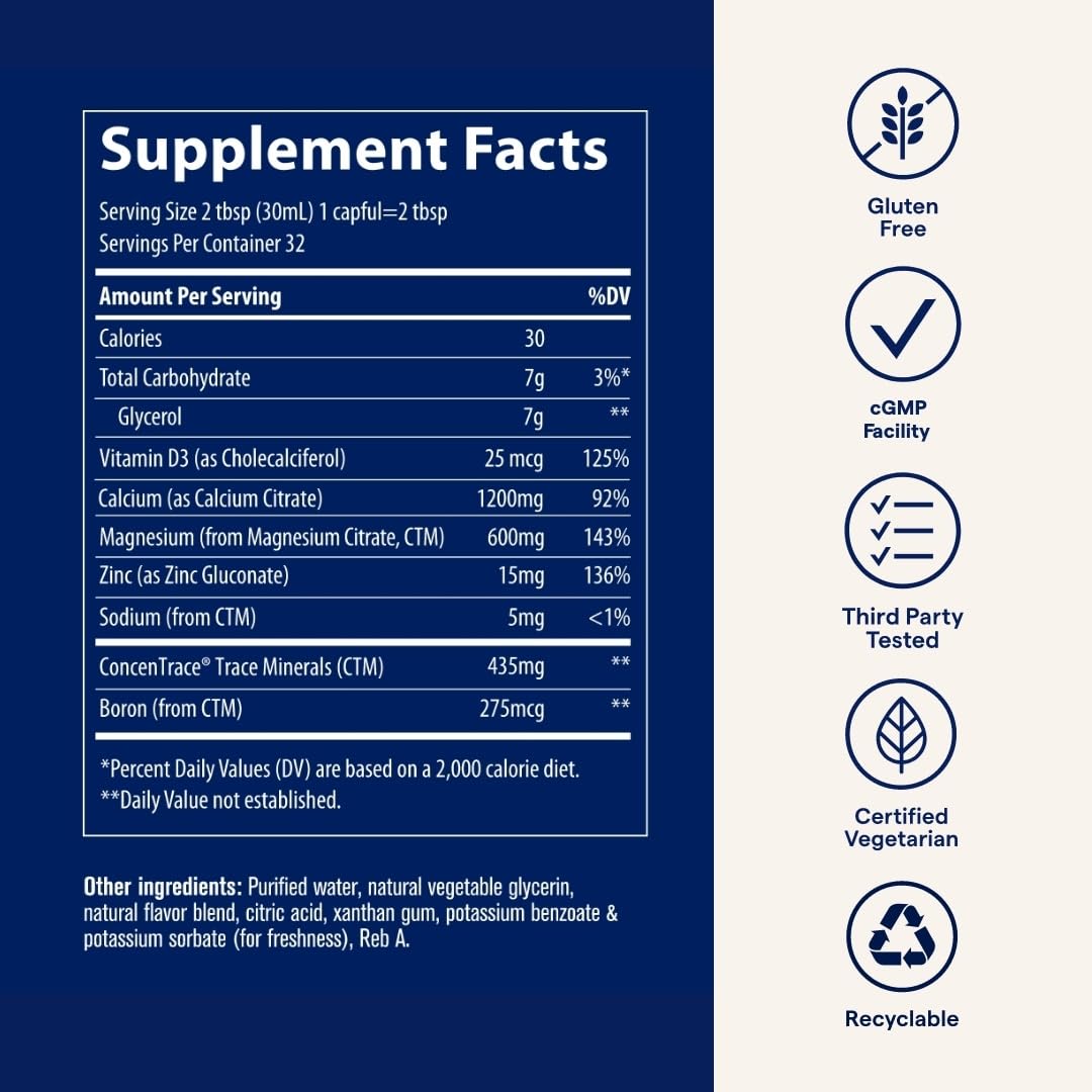 Trace Minerals Cal/Mag/Zinc bottle displayed on a kitchen counter as a gluten-free option.