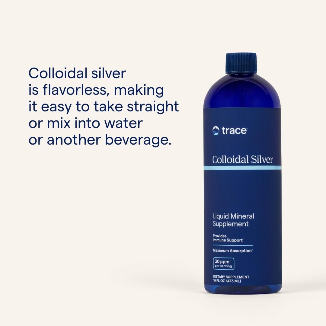 Trace Minerals Colloidal Silver glass drop dispense into a glass of water