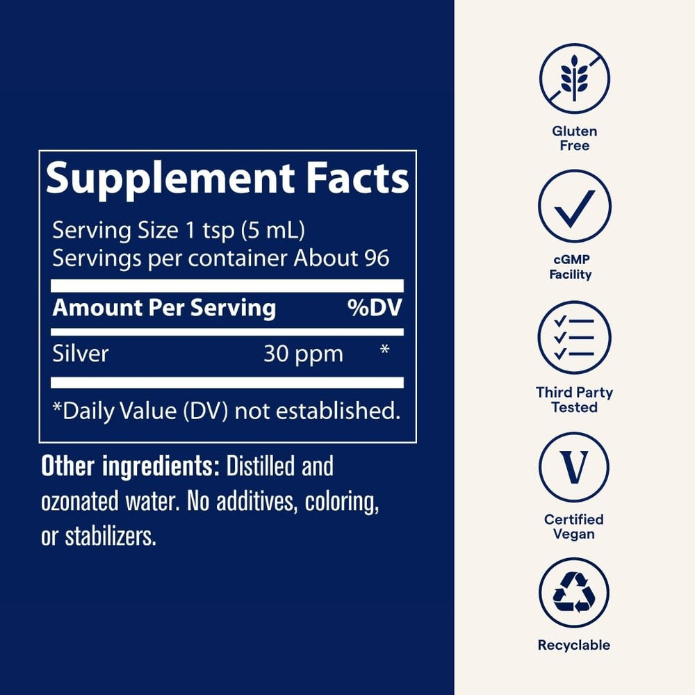 Trace Minerals Colloidal Silver vegan and gluten-free icons on packaging