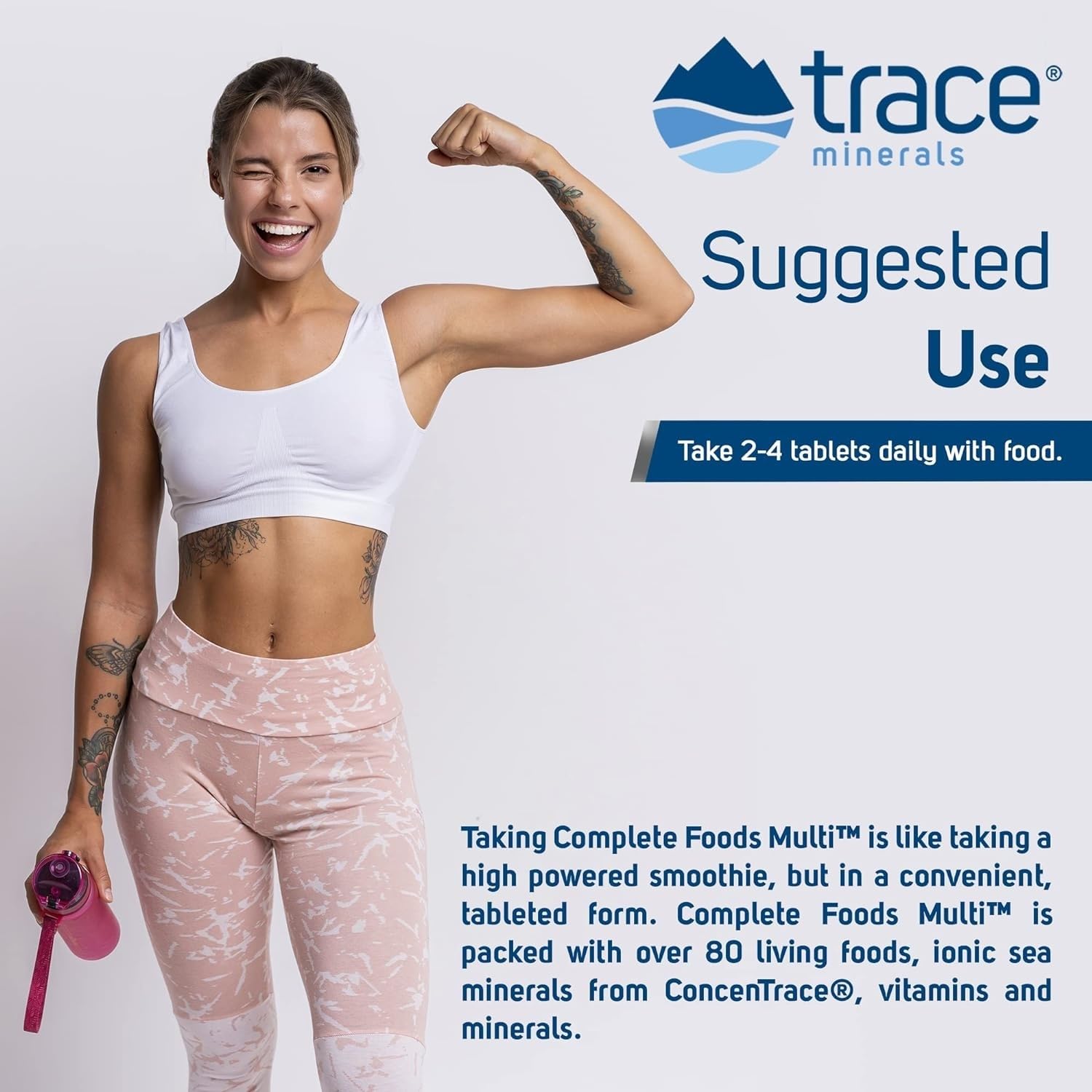 Serving of Trace Minerals Complete Foods Multi tablets with a glass of water