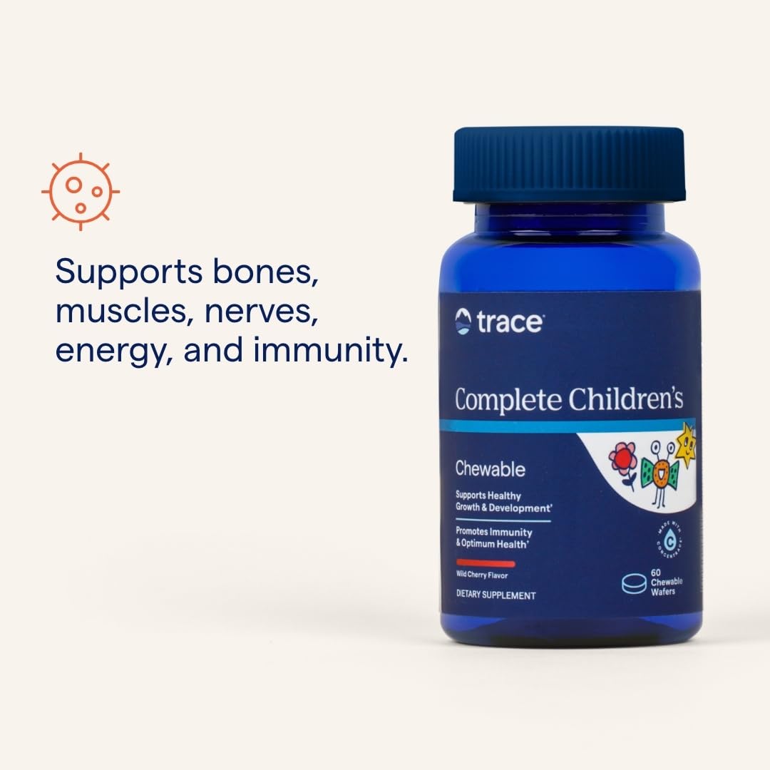 Front view of Trace Minerals Complete kids multivitamin bottle and box