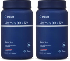 Trace Minerals D3 K2 gummies bottle closeup highlighting vegan, sugar-free formula for daily bone support.