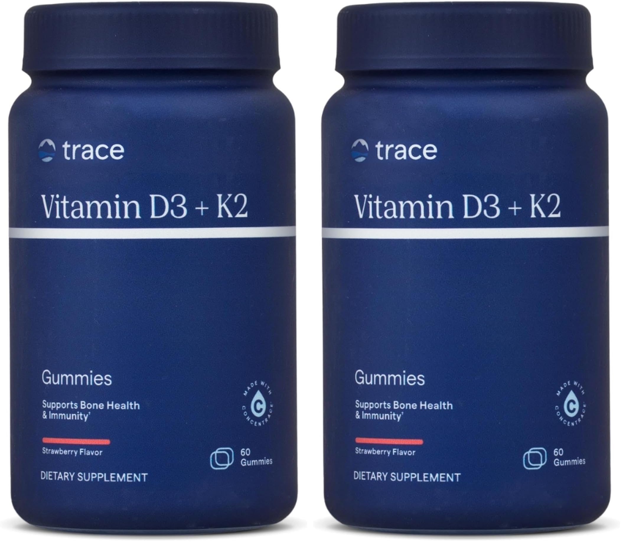 Bottle of Trace Minerals Vitamin D3 + K2 Gummies on white background