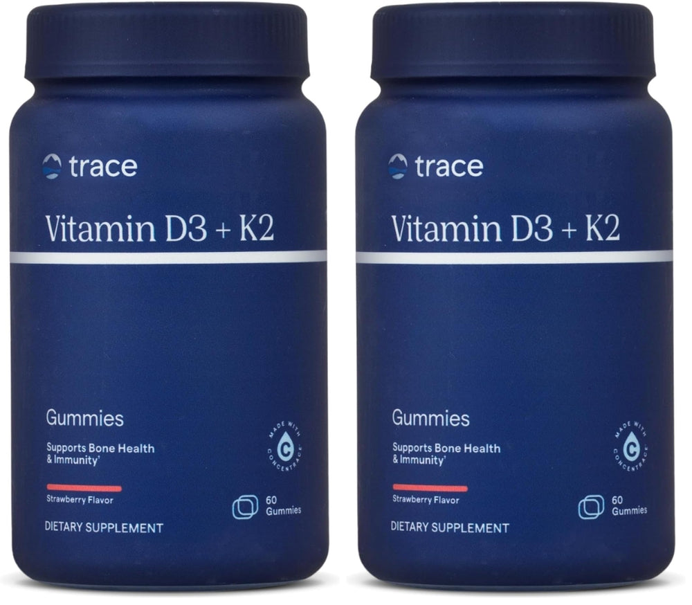Bottle of Trace Minerals Vitamin D3 + K2 Gummies on white background