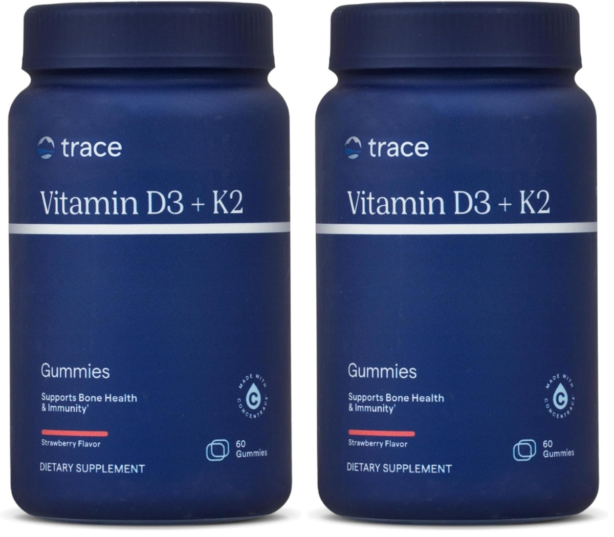 Bottle of Trace Minerals Vitamin D3 + K2 Gummies on white background