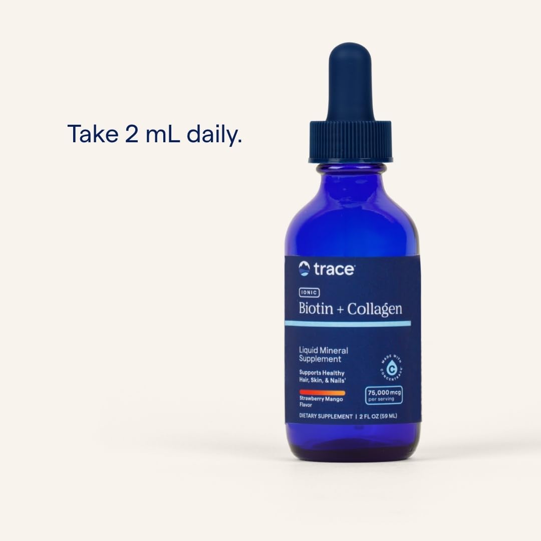 Product highlighting hair and nails benefits from Trace Minerals Ionic Biotin + Collagen