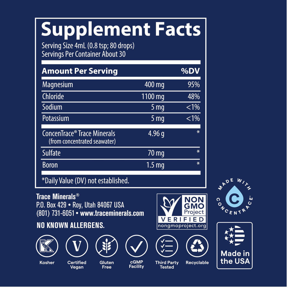 Trace Minerals Ionic Magnesium energy-support concept with glass bottle in kitchen.