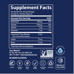 Trace Minerals Ionic Magnesium energy-support concept with glass bottle in kitchen.