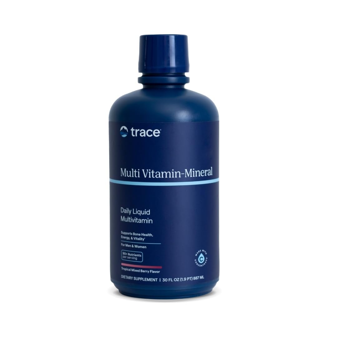 Trace Minerals liquid multi-vitamin-mineral being poured, supporting daily energy.