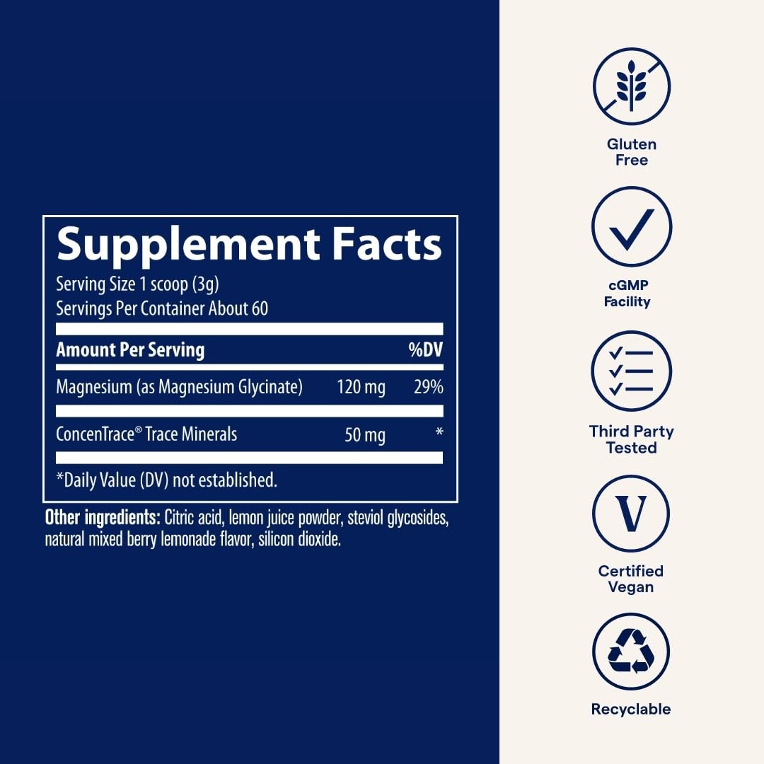 Product label for Trace Minerals Magnesium Glycinate Powder Berry Lemonade 180g