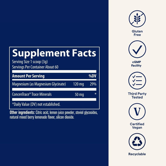 Product label for Trace Minerals Magnesium Glycinate Powder Berry Lemonade 180g