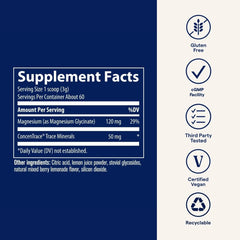 Product label for Trace Minerals Magnesium Glycinate Powder Berry Lemonade 180g