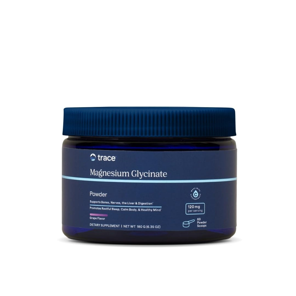 Bottle of Trace Minerals Magnesium Glycinate Powder in grape flavor, 180 g