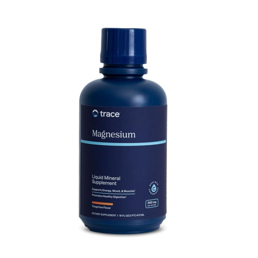 Bottle of Trace Minerals Magnesium Liquid 300mg in natural Tangerine flavor, 16 fl oz
