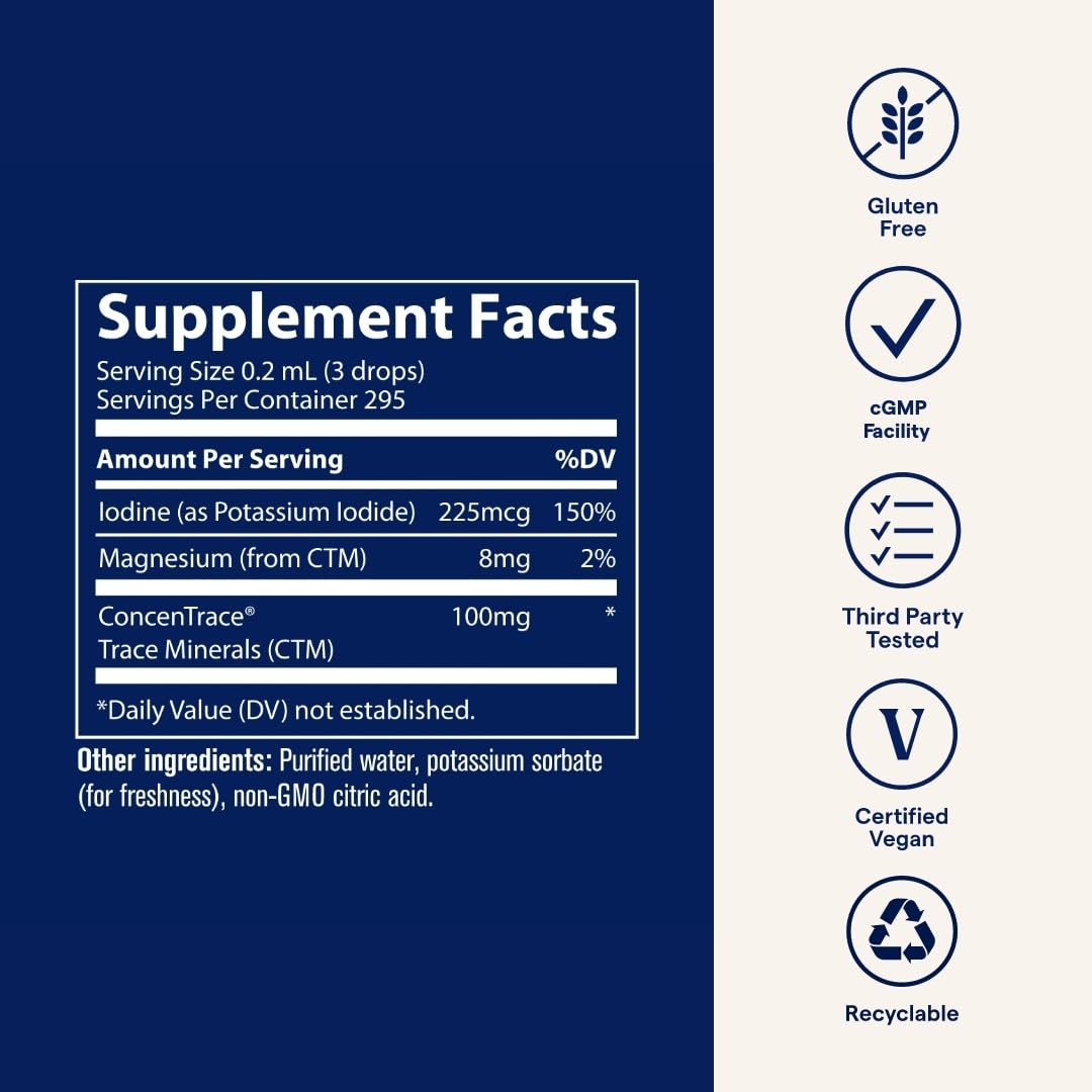 Back label showing ingredients and allergen information for IOKI01 Liquid Ionic Iodine