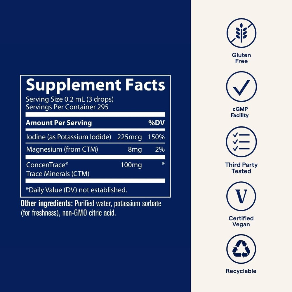 Back label showing ingredients and allergen information for IOKI01 Liquid Ionic Iodine