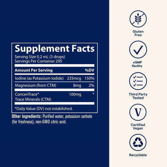 Back label showing ingredients and allergen information for IOKI01 Liquid Ionic Iodine