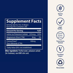 Back label showing ingredients and allergen information for IOKI01 Liquid Ionic Iodine