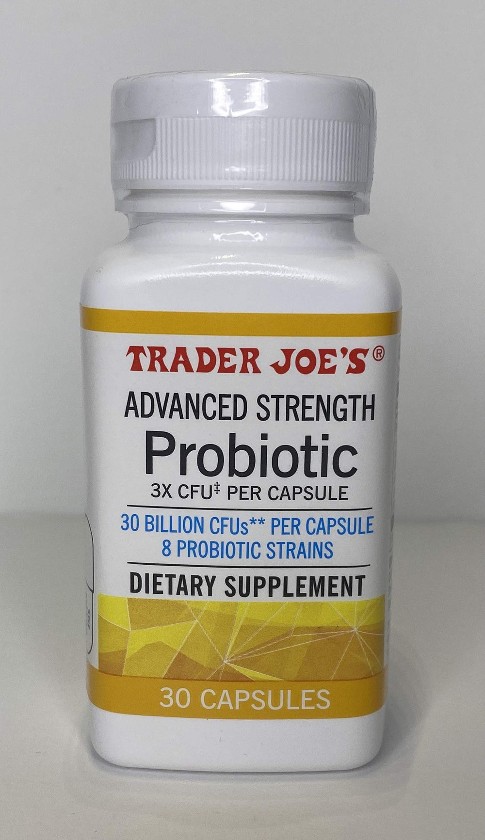 Side view of Trader Joe's Advanced Strength Probiotic bottle