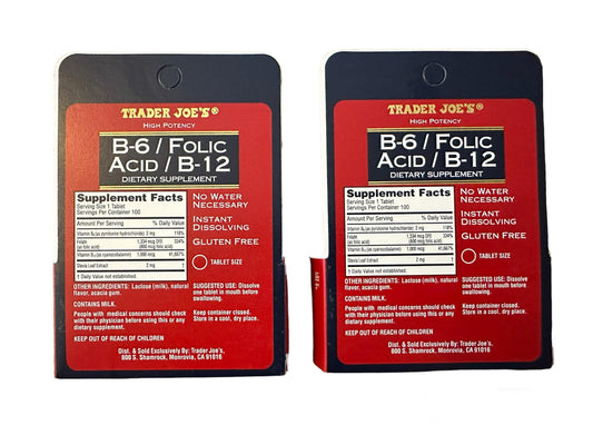 Back label view of Trader Joe's B-6, Folic Acid, and B-12 dietary supplement bottles (2-pack).